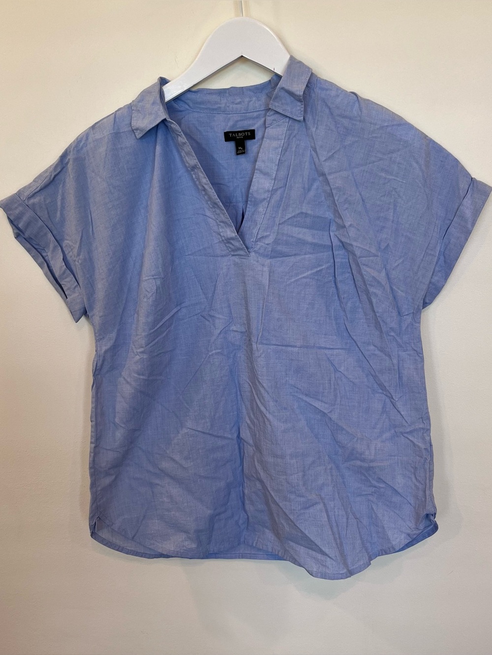 Talbots Cotton Pullover V Neck Top Blue Lightweight Womens Medium Petite Collar